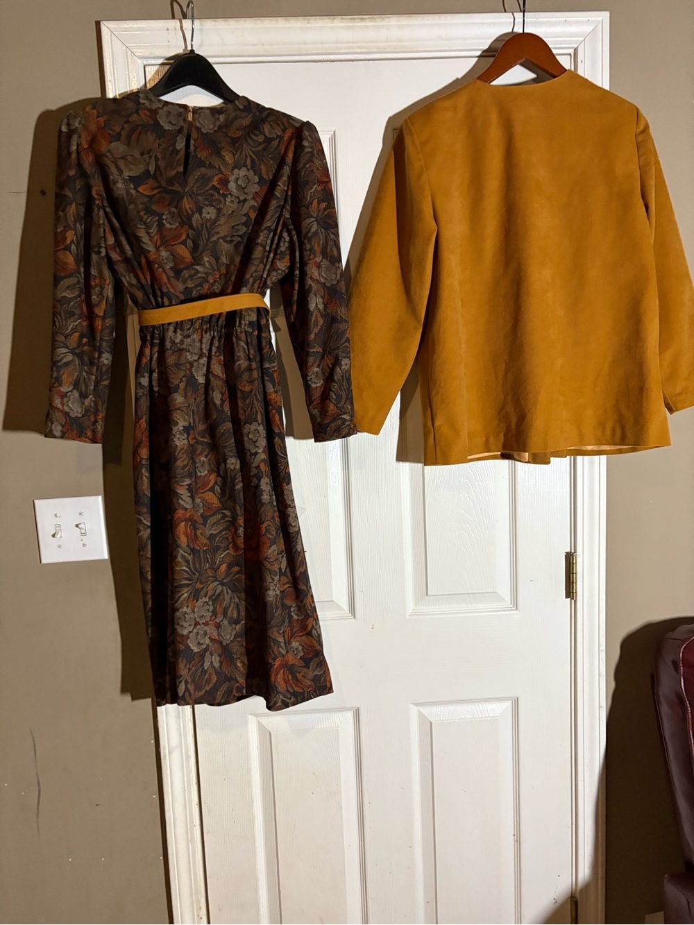 Women's Long Sleeve Dress with Mustard Yellow Open-Front Jacket - Picture 2 of 5